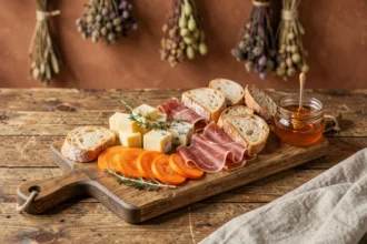 Planche apéritif dinatoire avec des tranches de kaki, prosciutto, fromage affiné et miel sur une table en bois rustique