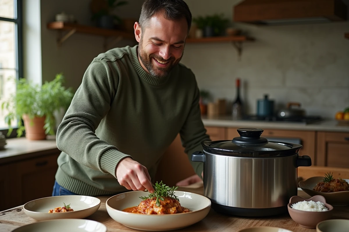 Homme servant la blanquette de veau dans la salle à manger