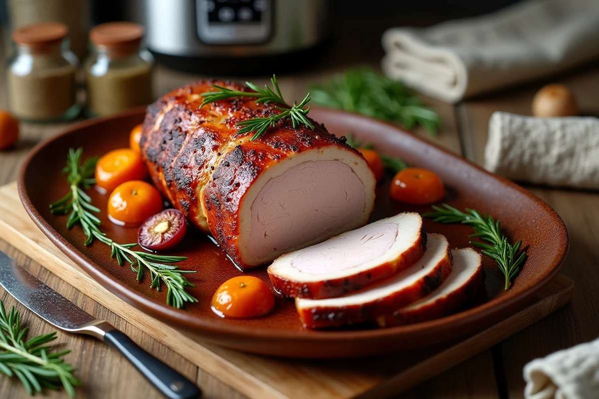 Rôti de porc tranché avec légumes et sauce dans un plat rustique