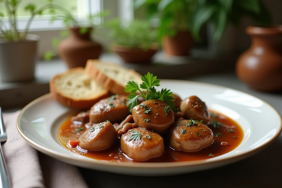 Assiette de ragoût de veau kidneys avec pain et persil frais