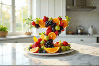 Plateau de fruits en forme de Z sur table en marbre blanc
