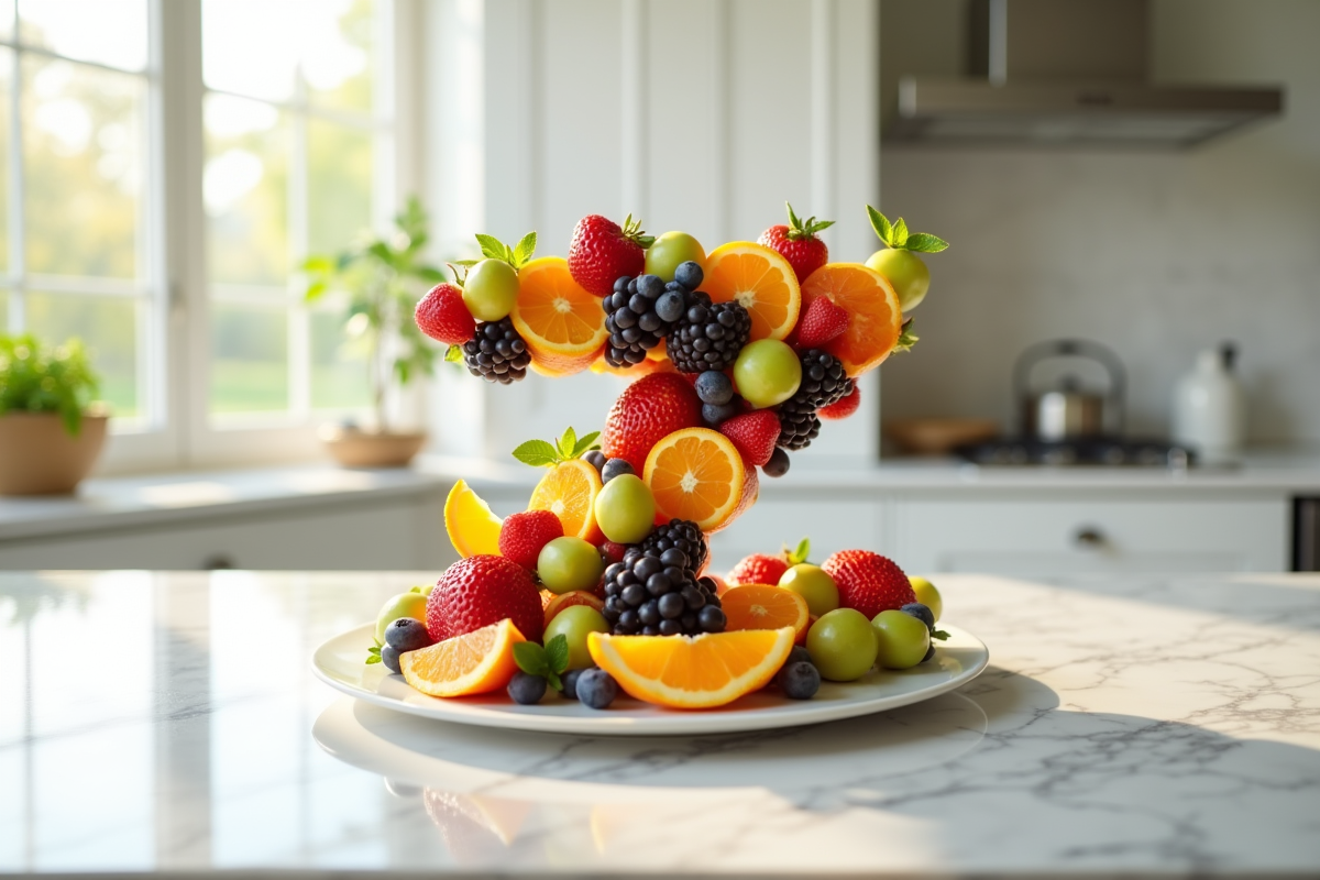 Plateau de fruits en forme de Z sur table en marbre blanc