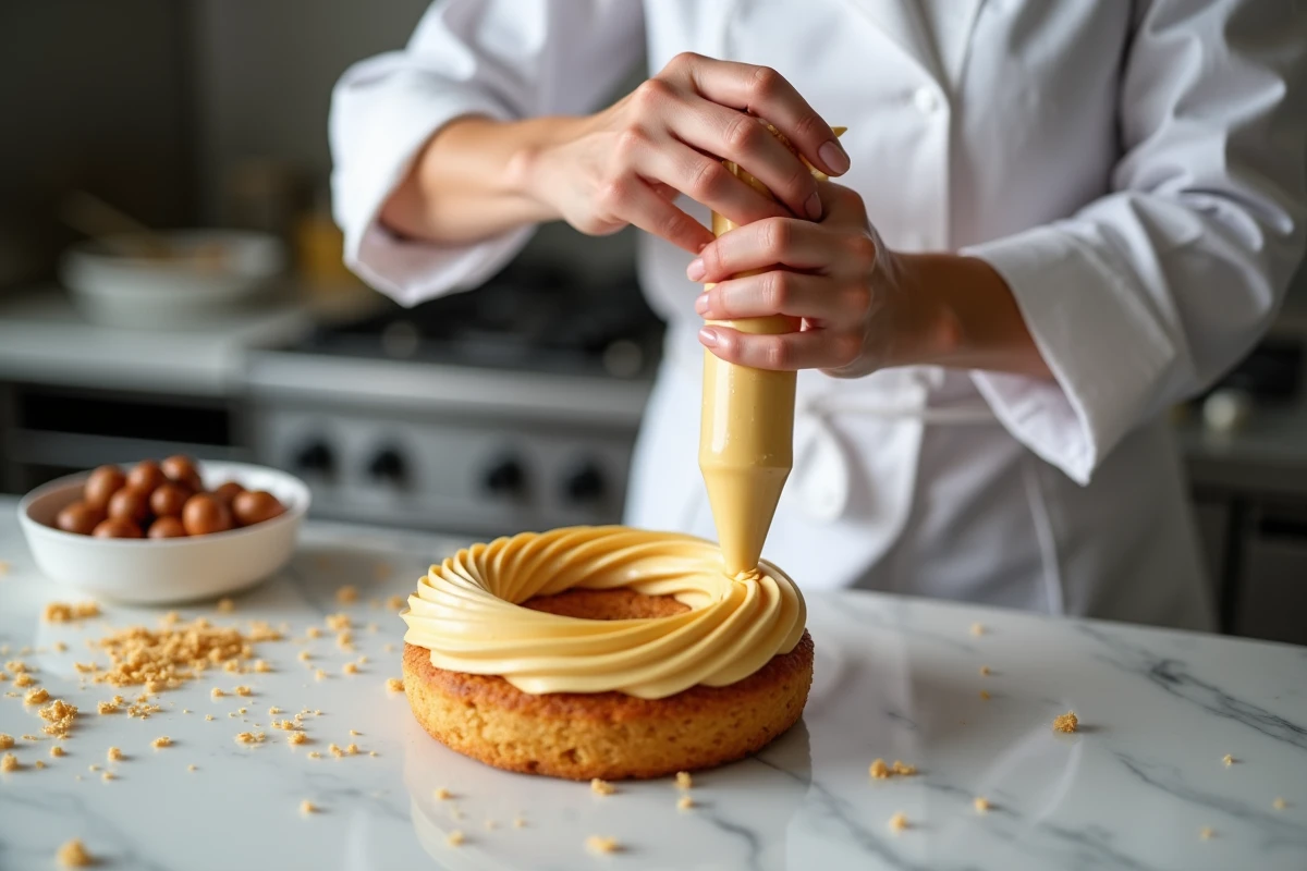 Cheffe pâtissière pochant une crème mousseline praliné dans un Paris-Brest sur un plan de travail en marbre