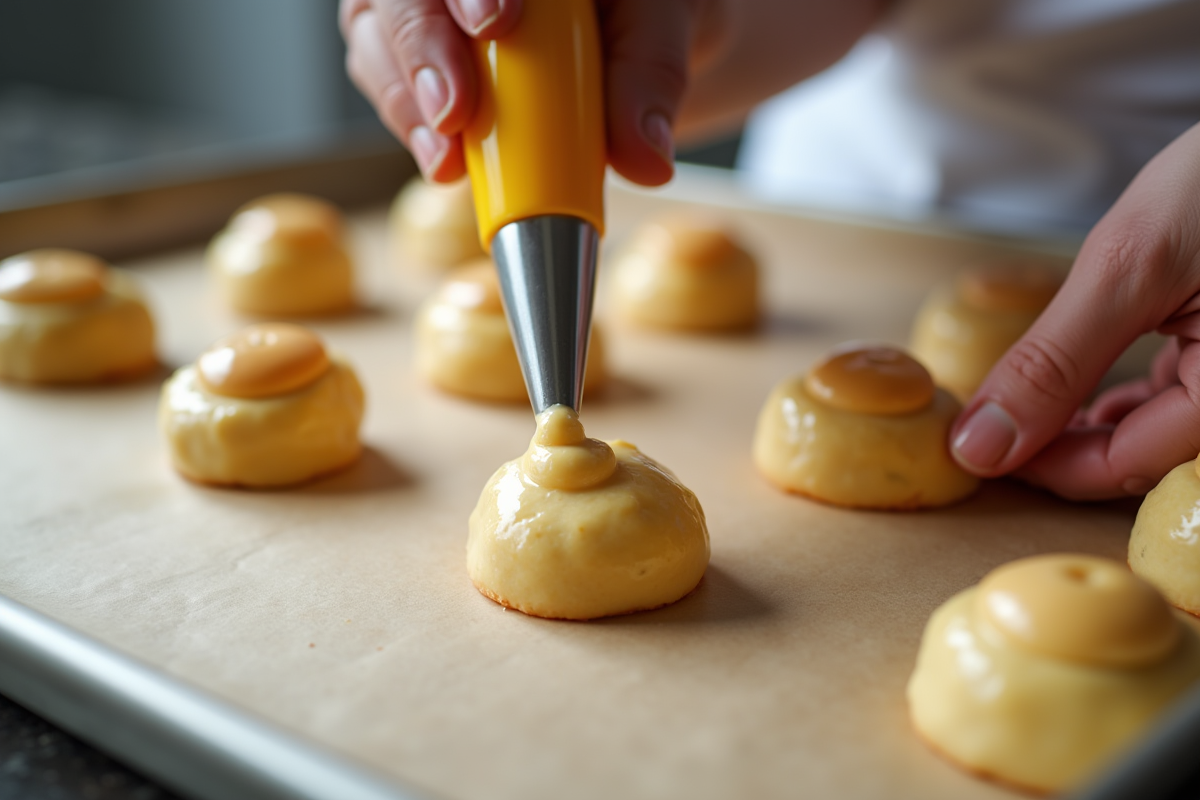 Mains remplissant une pâte à choux avec poche à douille