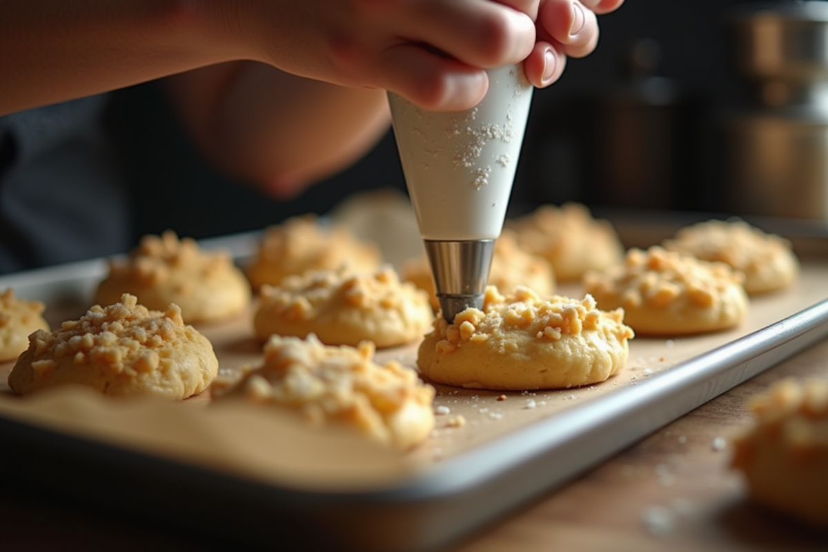 Mains d’un pâtissier pipant la pâte à choux avec craquelin