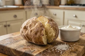 Pomme de terre au four avec une peau molle et peu croustillante sur une planche en bois rustique