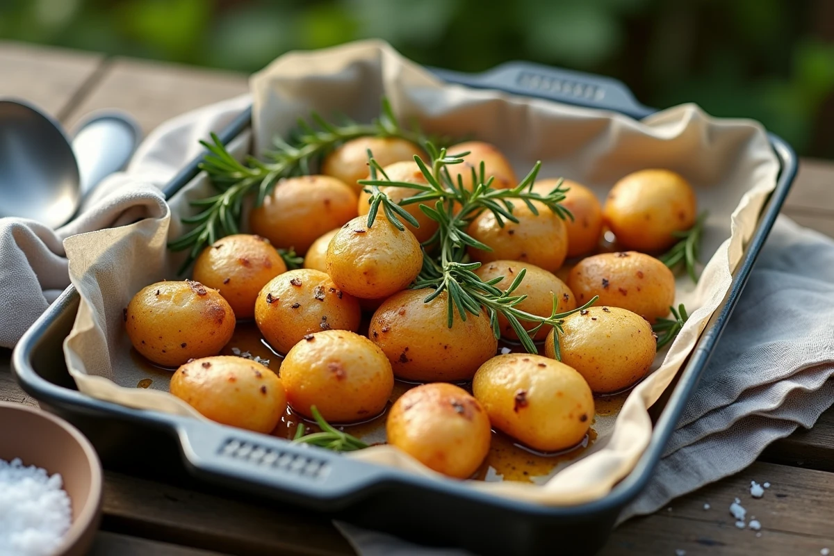 Pommes de terre rôties garnies de romarin sur une table extérieure