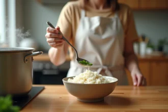 Femme servant une portion de riz cuit dans un bol en céramique sur un comptoir de cuisine en bois