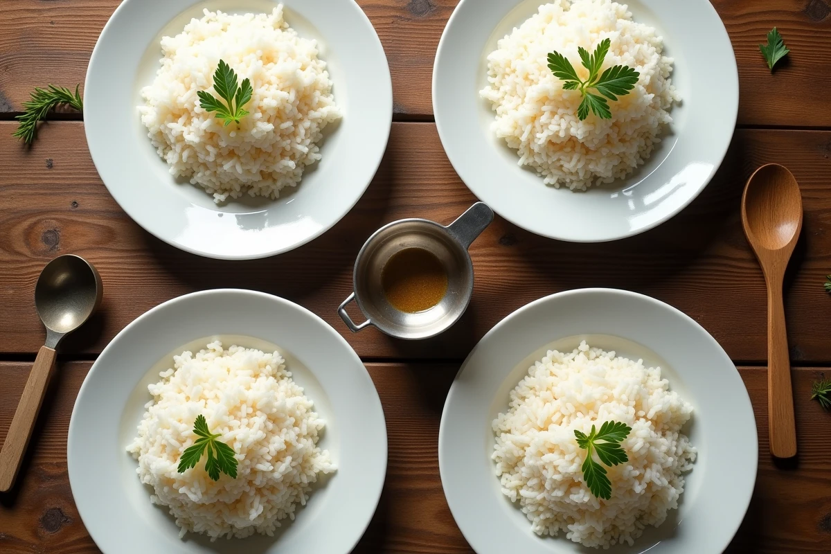 Vue aérienne de quatre assiettes avec des portions de riz basmati mesurées sur une table en chêne rustique