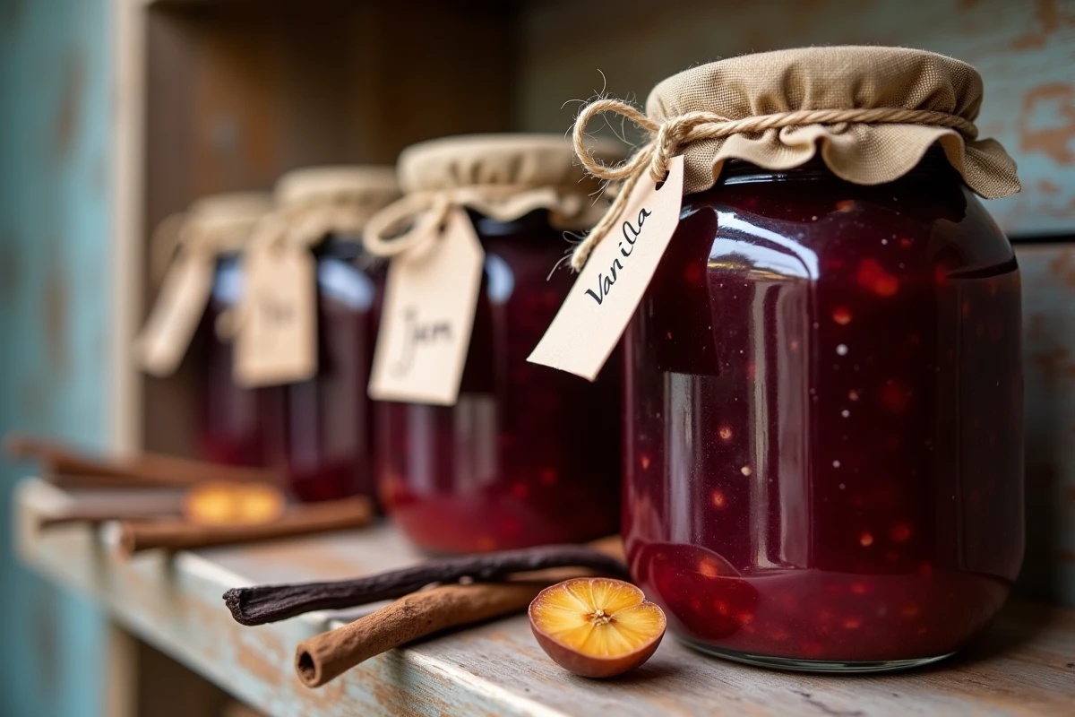 Rangée de pots de confiture de prunes à la vanille et à la cannelle étiquetés à la main sur une étagère en bois avec épices et ficelle naturelle