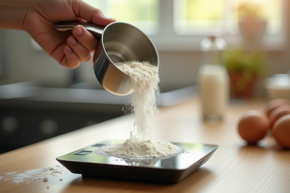 Personne versant de la farine sur une balance de cuisine