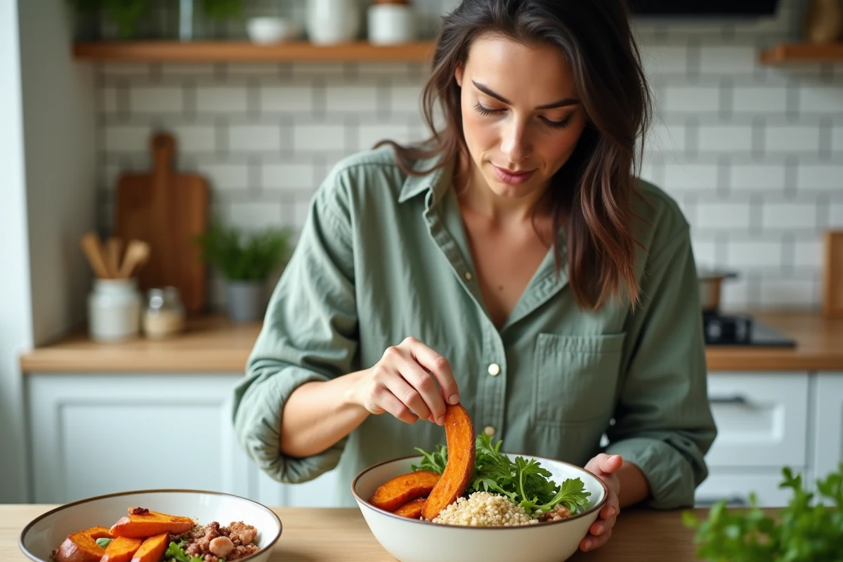 Jeune femme préparant un bowl à la patate douce dans une cuisine moderne avec quinoa et roquette