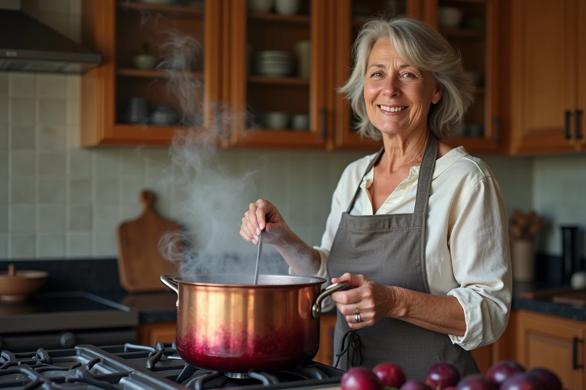 Femme préparant de la confiture de prunes à la vanille et cannelle dans une grande casserole en cuivre sur une cuisinière de cuisine rustique