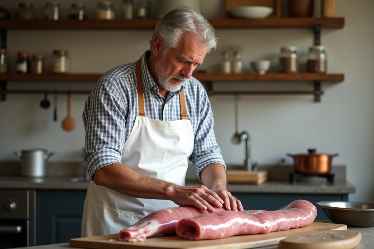 Charcutier préparant des crépinettes de porc maison à la main dans une cuisine de ferme traditionnelle française