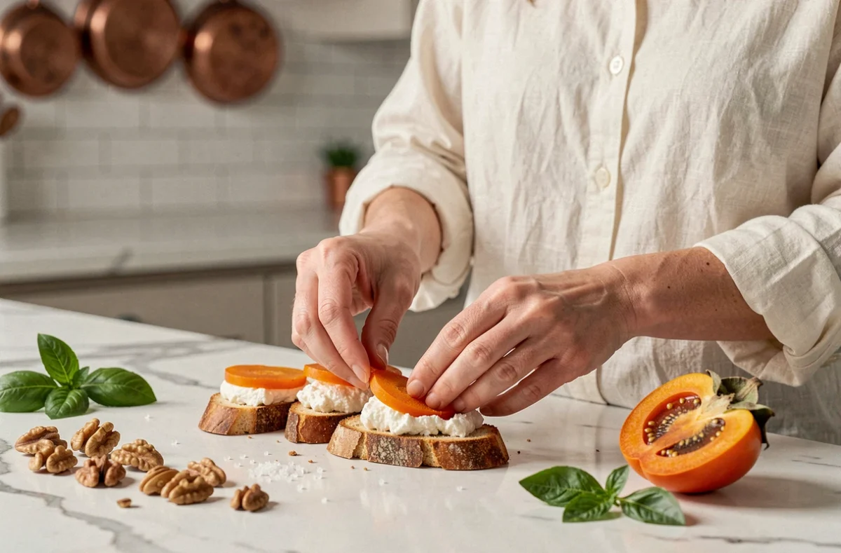Préparation de crostini au kaki et ricotta sur un comptoir en marbre pour un apéritif entre amis
