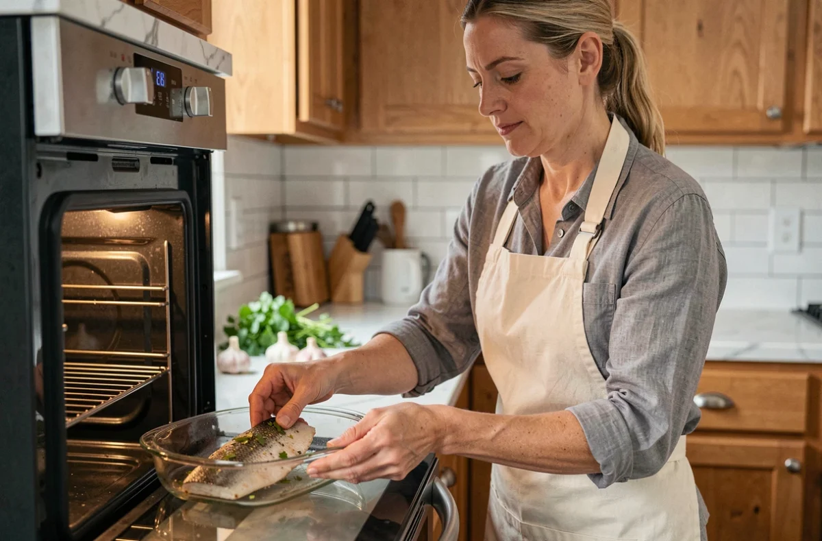 Femme en tablier préparant un dos de cabillaud et l'enfournant dans un plat en verre dans une cuisine moderne et lumineuse