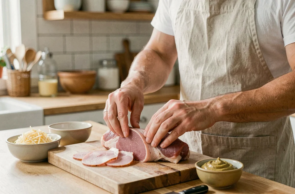 Préparation du filet mignon façon orloff avec jambon et gruyère sur une planche en bois dans une cuisine maison