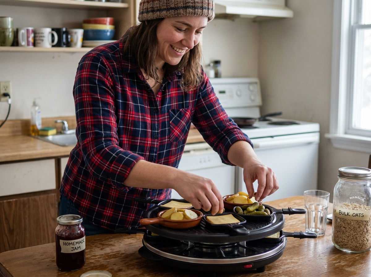 Jeune femme préparant du fromage pour raclette dans la cuisine