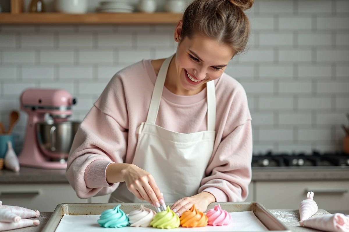 Femme préparant des meringues licorne en les pochant sur une plaque de cuisson dans une cuisine lumineuse
