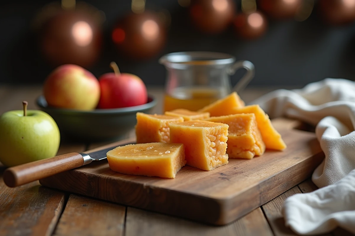 Préparation artisanale de pâtes de fruit à la pomme avec couteau, pommes fraîches et jus brut sur planche en bois rustique