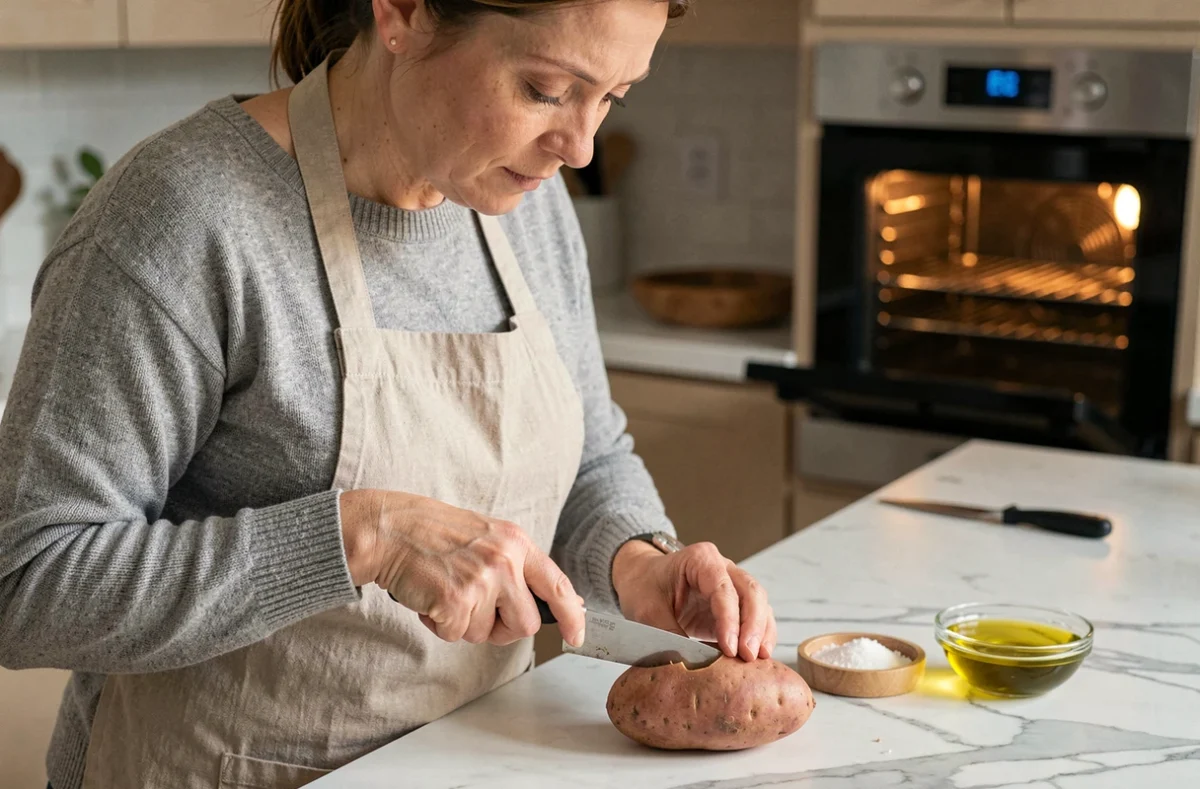 Femme préparant une pomme de terre au four en la quadrillant avant cuisson dans une cuisine moderne