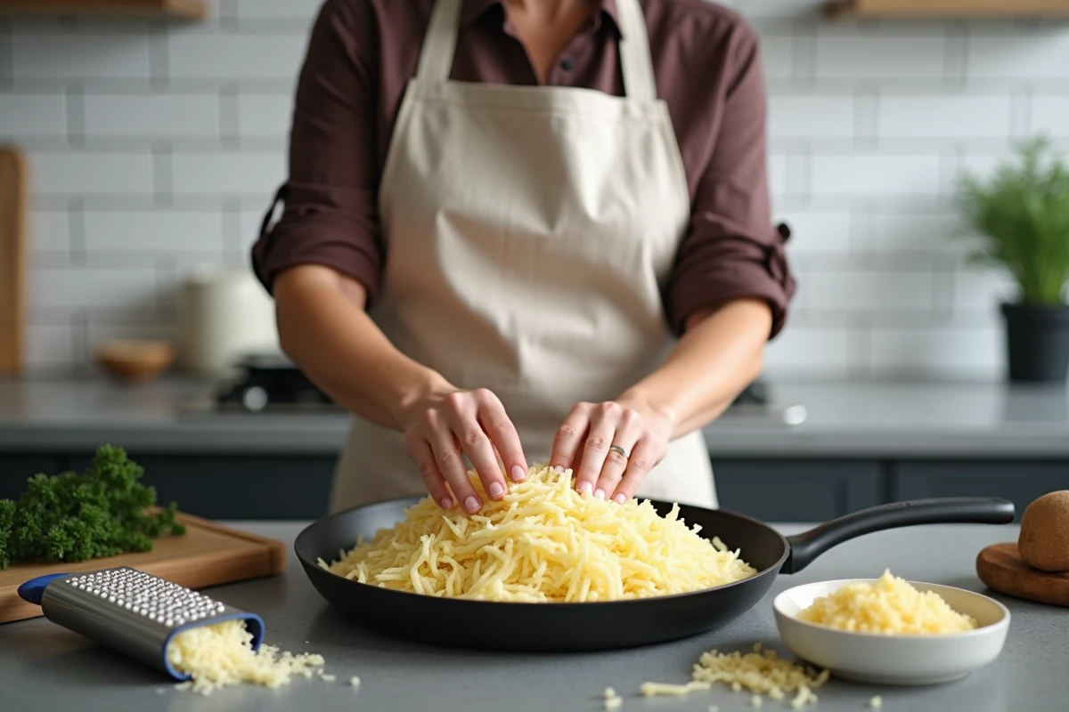 Femme préparant un râpé de pommes de terre maison en pressant le mélange dans une poêle avec du fromage râpé à côté