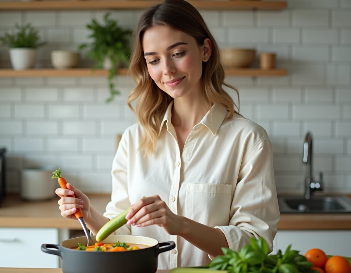Femme préparant une soupe légère aux légumes dans une cuisine minimaliste pour un dîner sain le soir