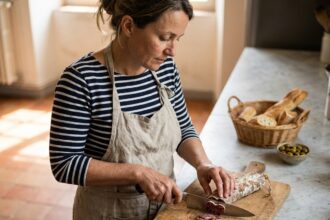 Femme préparant des tranches de saucisson sur une planche en bois dans une cuisine rustique avant un pique-nique