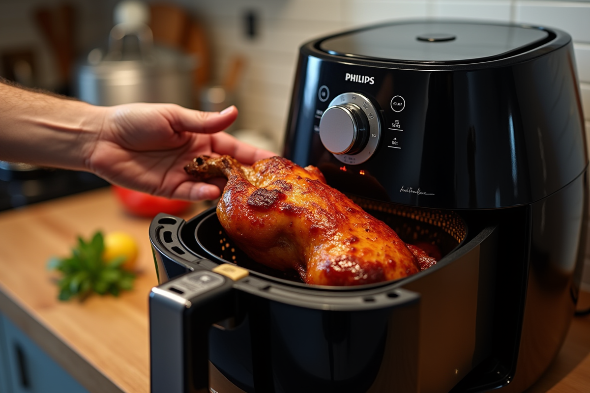 Main plaçant un canard mariné dans la friteuse à air Philips
