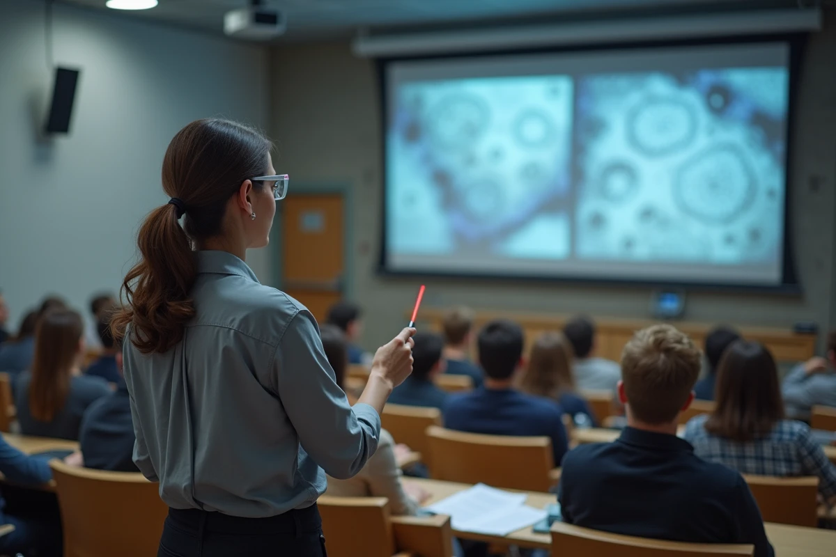 Professeure de biologie donnant un cours sur les mécanismes d'autolyse tissulaire devant des étudiants en amphithéâtre universitaire