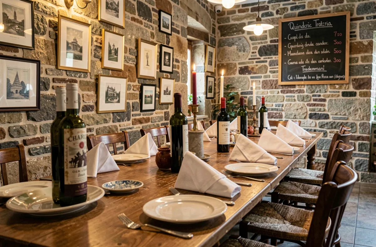 Salle élégante de la Quindici Trattoria à Rouen avec table en bois, bougies et décoration italienne authentique