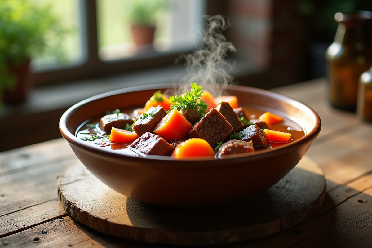 Ragoût de boeuf et carottes servi sur une table en bois