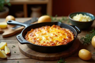 Poêle en fonte avec râpé de pommes de terre doré recouvert de fromage fondu, sur une table en bois rustique