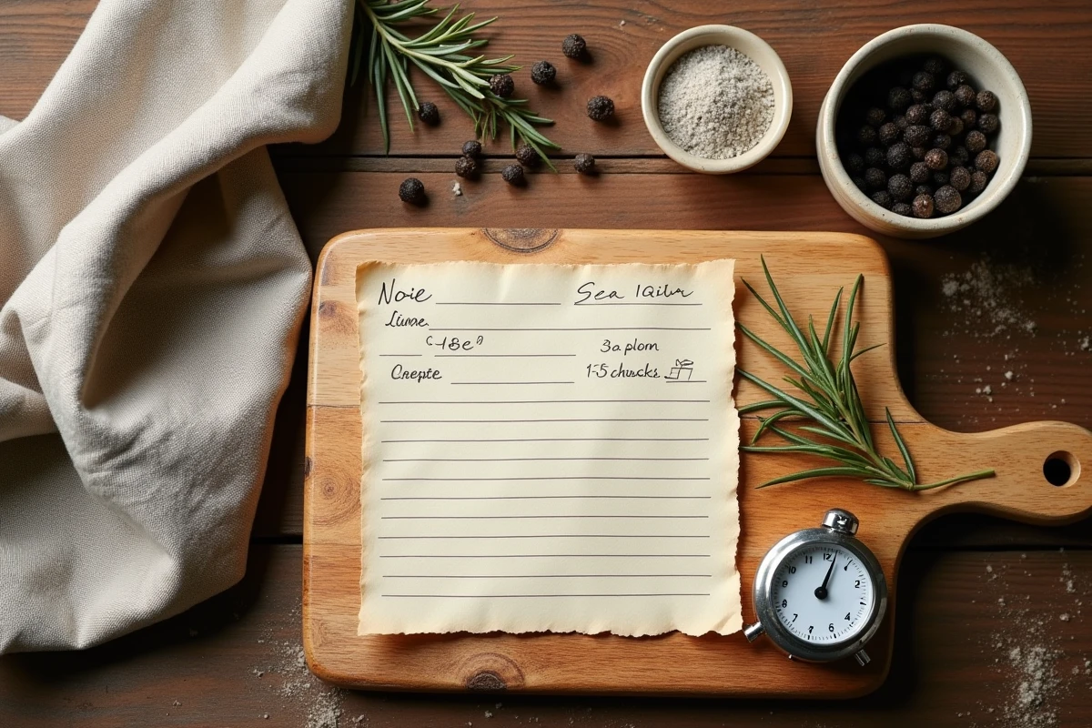 Fiche de recette manuscrite et minuteur vintage posés sur une planche en bois avec épices et herbes aromatiques pour la cuisson du chapon de Noël
