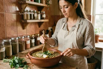 Femme préparant un plat égyptien traditionnel de ful medames dans une cuisine rustique chaleureuse avec des épices et des herbes fraîches