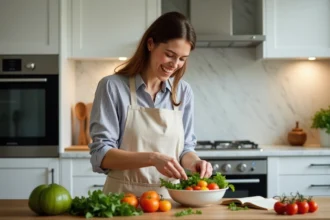Femme préparant un bol de légumes frais dans une cuisine familiale moderne avec des ingrédients sains et colorés