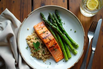 Assiette légère du soir avec saumon grillé, asperges vapeur et quinoa aux herbes fraîches sur table en chêne