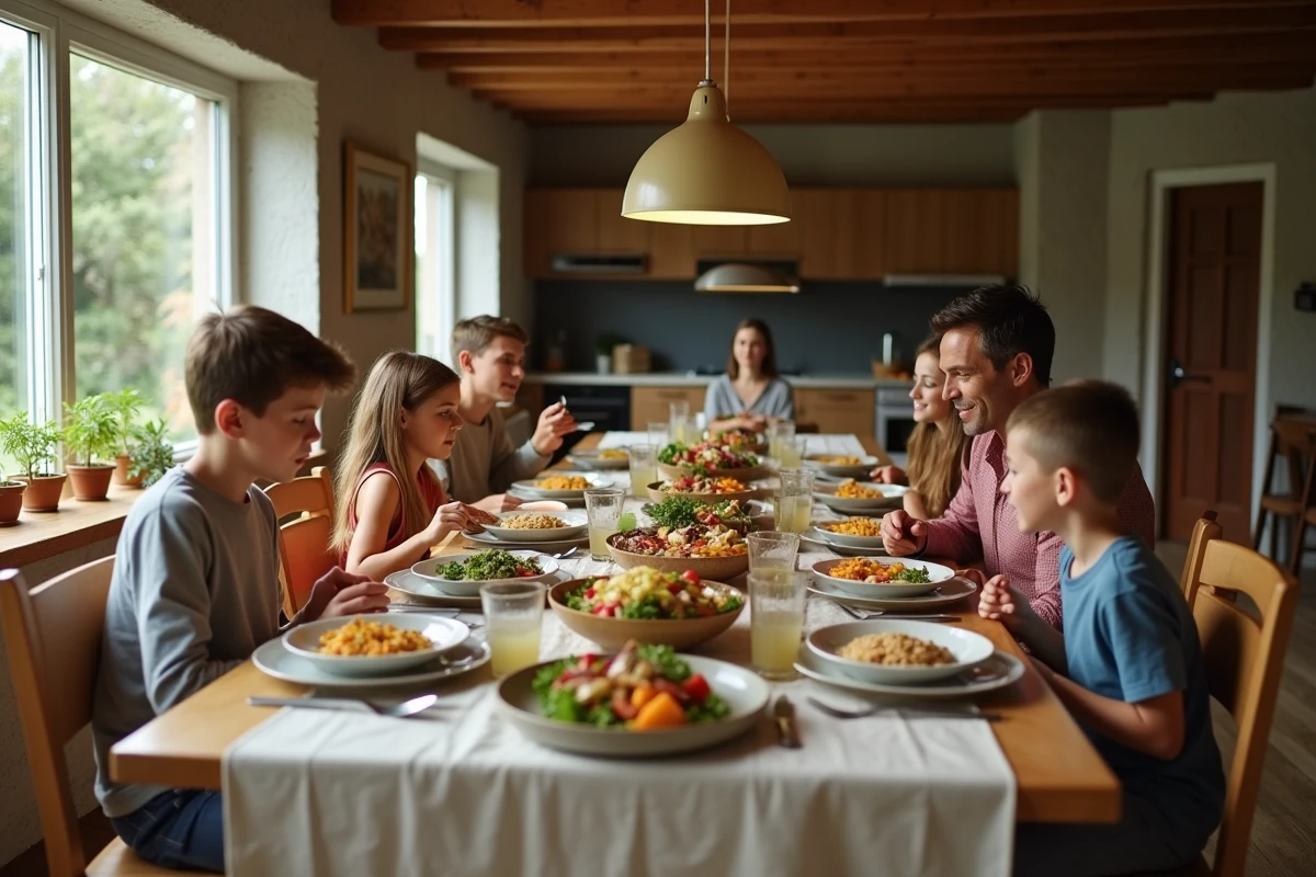 Famille réunie autour d'un repas équilibré fait maison avec des plats variés et des ingrédients frais sur une table en bois rustique