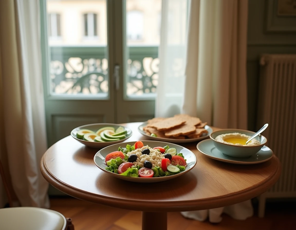 Table dressée avec repas du soir léger et gourmand dans un appartement parisien cosy avec parquet en chevrons