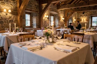 Table dressée pour un dîner romantique dans un restaurant gastronomique d'Auvergne-Rhône-Alpes, avec nappes blanches, verres en cristal et poutres apparentes