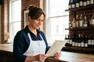 Restauratrice examinant la nouvelle carte de boissons dans un bistro chaleureux aux murs en brique