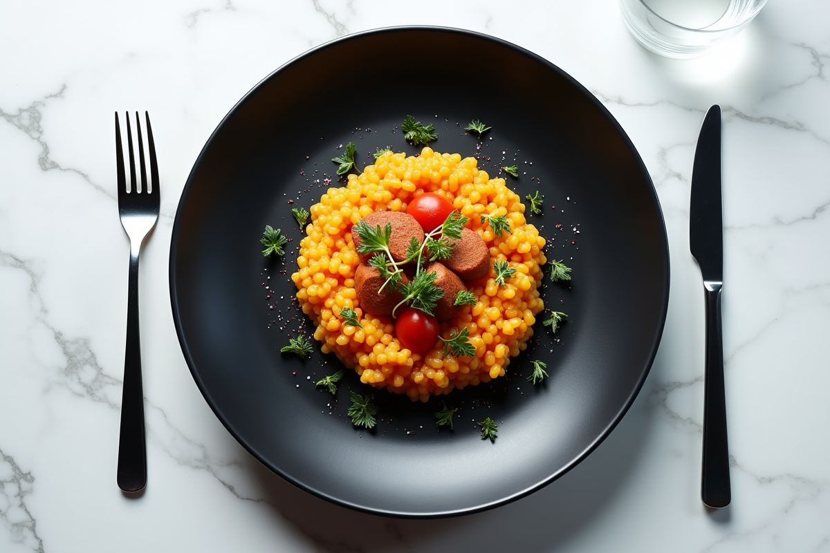 Risotto au chorizo présenté sur une assiette noire avec microgreens