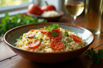Risotto crémeux au chorizo et persil frais dans un bol rustique