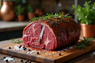 Rôti de boeuf de 1 kg doré et croustillant posé sur une planche en bois avec thermomètre de cuisson, herbes fraîches et gros sel