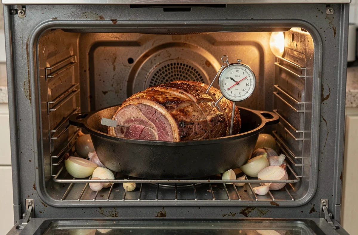 Rôti Orloff cru dans une cocotte en fonte au four avec thermomètre à viande et minuteur