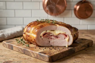 Rôti Orloff tranché sur planche en bois avec fromage fondu et jambon, garni de thym frais