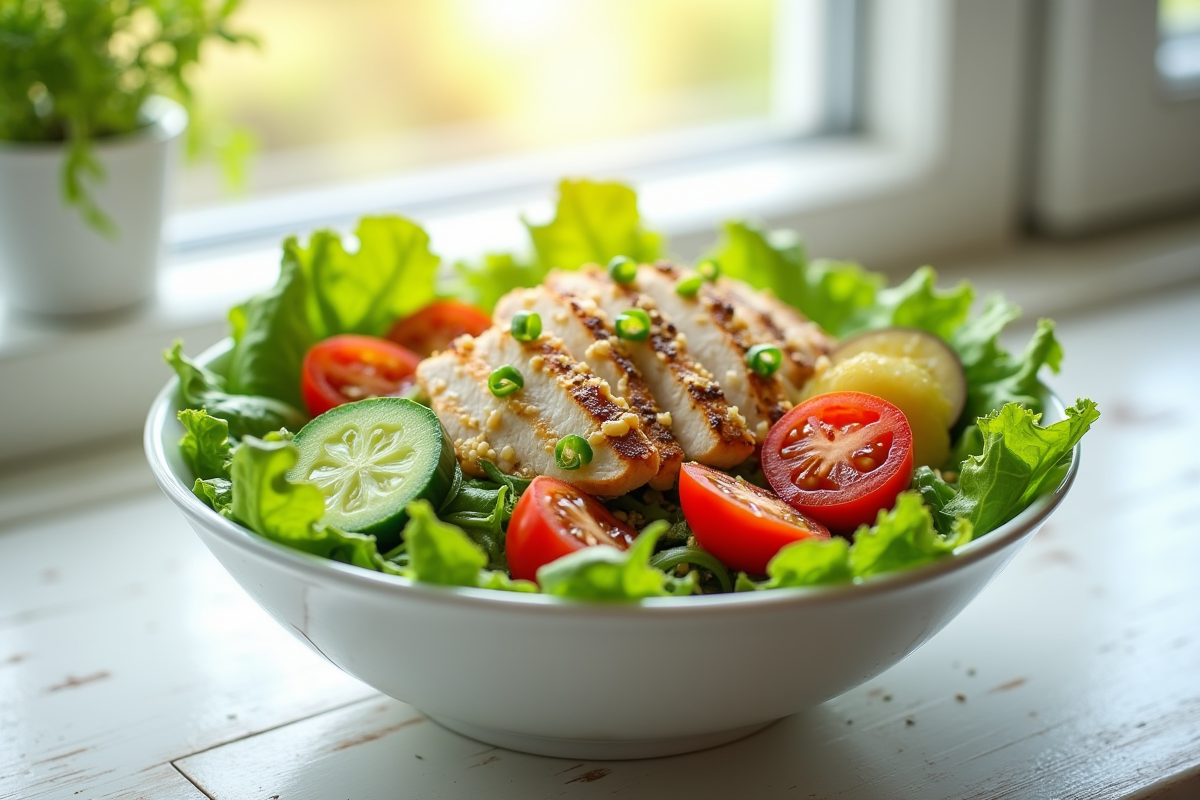Salade colorée avec légumes frais et poulet grillé
