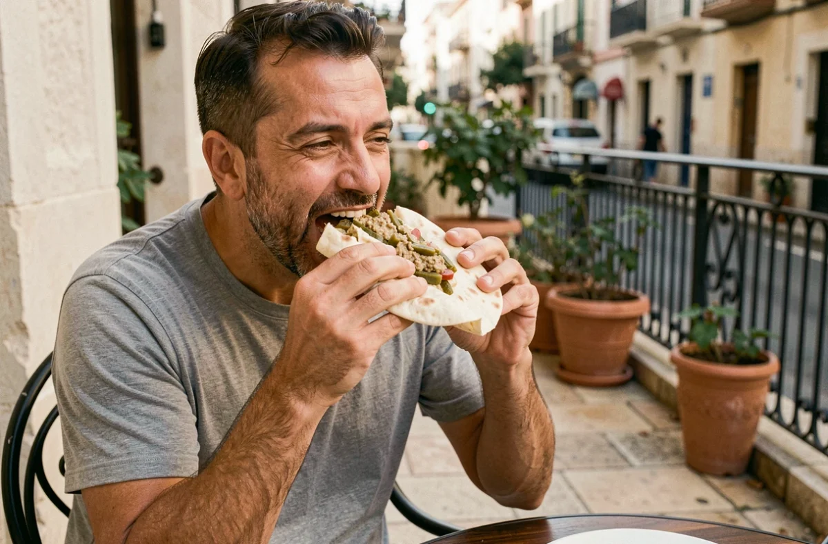 Homme savourant un sandwich égyptien ta'ameya à la falafel en terrasse urbaine avec légumes marinés et sauce tahini