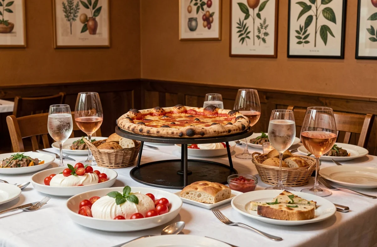 Table festive du restaurant Santa Fé à Cabourg avec grande pizza au centre, burrata et rosé pour un repas en famille