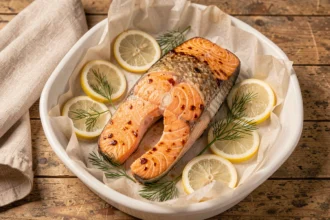 Filet de saumon au four à basse température avec peau croustillante dorée, servi dans un plat en céramique blanche avec citron et aneth